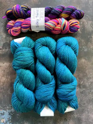 Artyarns Silky Twist 2023 Rhinebeck Sweater in Teal Caramel