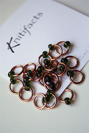 Knitifacts Luxury Yarn Stitch Markers in Copper with Green Beads